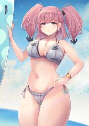Rule 34 | 1girl, anchor hair ornament, atlanta (kancolle), atlanta (swimsuit) (kancolle), beach, bikini, blue sky, blush, breasts, brown hair, cloud, collarbone, day, earrings, grey bikini, grey eyes, hair ornament, highres, holding, holding surfboard, jewelry, kantai collection, large breasts, long hair, looking at viewer, nagi kantai114, ocean, outdoors, side-tie bikini bottom, sky, solo, star (symbol), star earrings, surfboard, swimsuit, two side up, water