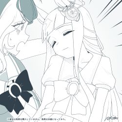 2girls a4_(a4_eishi) absurdres animal_ears artist_name blunt_bangs blush breasts chrono_genesis_(umamusume) closed_mouth collarbone commentary_request fainting hair_between_eyes hair_ornament highres horse_girl long_hair loves_only_you_(umamusume) medium_breasts multiple_girls school_uniform surprised tracen_school_uniform turn_pale umamusume