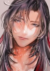 1boy bishounen black_hair chinese_clothes closed_mouth english_text eyelashes grey_background hair_down hair_ribbon half_updo hanfu highres light_particles lips long_hair looking_at_viewer male_focus mg_ms_dayo modao_zushi official_alternate_hairstyle parted_bangs portrait purple_eyes realistic red_ribbon ribbon simple_background solo twitter_username watermark wei_wuxian wei_wuxian_(yiling_laozu)