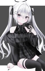 1girl bare_shoulders black_bow black_bowtie black_halo black_nails black_ribbon black_shirt black_skirt black_thighhighs bow bowtie cellphone closed_mouth commentary cross cross_earrings earrings fingernails grey_background grey_eyes hair_ornament hair_ribbon halo heart heart_hair_ornament high-waist_skirt highres holding holding_phone invisible_chair iris37337 jewelry latin_cross long_fingernails long_hair long_sleeves looking_at_viewer nail_polish off-shoulder_shirt off_shoulder original phone plaid_clothes plaid_skirt ribbon shirt sitting skirt smartphone solo symbol-only_commentary thighhighs thighlet twintails twitter_username white_hair