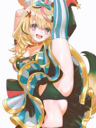 Rule 34 | 1girl, :d, absurdres, ahoge, animal ear fluff, animal ears, anversailles, arm strap, armpits, arms up, ass, asymmetrical legwear, black hair, black panties, blonde hair, blue bow, blue skirt, blue thighhighs, bow, bowtie, braid, breasts, cleavage, commentary, commission, double-parted bangs, facial mark, fox ears, fox girl, fox tail, hair between eyes, hair bow, hair ornament, hair over shoulder, hairclip, hat, heart, heart-shaped pupils, highres, holding own leg, hololive, jester cap, layered skirt, leg lift, long hair, looking at viewer, mark under eye, miniskirt, mismatched legwear, multicolored hair, omaru polka, omaru polka (1st costume), open mouth, panties, pink hair, pink thighhighs, purple eyes, red bow, red bowtie, shirt, side braid, simple background, single braid, skirt, sleeveless, sleeveless shirt, smile, solo, split, standing, standing on one leg, standing split, streaked hair, striped clothes, striped skirt, striped thighhighs, symbol-only commentary, symbol-shaped pupils, tail, teeth, thighhighs, tilted headwear, traditional bowtie, underwear, upper teeth only, variant set, vertical-striped clothes, vertical-striped skirt, vertical-striped thighhighs, virtual youtuber, white background, x hair ornament