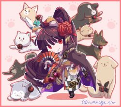 1girl ahoge animal animal_ears bernese_mountain_dog black_footwear black_gloves breasts brown_hair cape checkered_clothes checkered_kimono chibi closed_mouth commentary_request dog dog_ears fate/grand_order fate_(series) floral_print flower folding_fan full_body german_shepherd gloves golden_retriever grey_kimono hair_flower hair_ornament hair_ribbon hand_fan hand_on_own_hip holding holding_fan husky iwanaga_tm japanese_clothes kimono kyokutei_bakin_(fate) kyokutei_bakin_(first_ascension)_(fate) long_hair long_sleeves looking_at_viewer multicolored_kimono multiple_dogs ponytail red_eyes red_flower red_ribbon ribbon samoyed_(dog) shiba_inu smile solo standing striped_clothes striped_kimono too_many too_many_dogs twitter_username very_long_hair welsh_corgi wide_sleeves