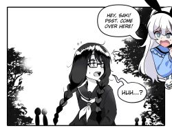 2girls animal_ears black_hair black_serafuku braid emergence_(shindol) english_text fake_animal_ears fourth_wall glasses highres long_hair monochrome multiple_girls neckerchief partially_colored rabbit_ears ryuuxin school_uniform serafuku surprised twin_braids white_hair white_neckerchief yoshida_saki