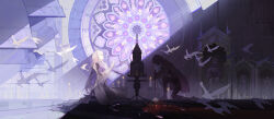 2girls 3others 961020401z absurdres altar armor bell bird blood blunt_bangs bowing candle closed_mouth criss-cross_straps crown dappled_sunlight dress flower from_side gauntlets hands_up high_heels highres jacket kneeling legs_folded light_particles long_hair long_sleeves looking_down looking_up lotus multiple_girls multiple_others on_floor on_one_knee original own_hands_together pants planted planted_sword planted_weapon praying shoulder_armor sidelocks sitting sunlight sword throne weapon white_bird white_dress white_hair white_jacket wide_shot