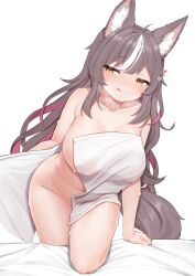1girl :q absurdres animal_ear_fluff animal_ears breasts brown_hair chisaka_airi closed_mouth heart highres large_breasts long_hair looking_at_viewer multicolored_hair naked_towel navel phase_connect red_hair sleepypudding smile solo streaked_hair tail tongue tongue_out towel virtual_youtuber white_background white_hair wolf_ears wolf_girl wolf_tail yellow_eyes
