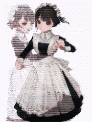 2girls apron black_dress black_hair collared_dress dress empty_eyes fading feet_out_of_frame hand_on_another&#039;s_waist highres holding_hands looking_at_viewer maid maid_headdress multiple_girls original see-through_body short_hair standing test_norma1 text_focus white_apron white_background