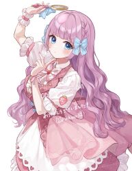 1girl arm_up blue_bow blue_eyes blunt_bangs blush bow bowtie closed_mouth collared_shirt commentary_request commission cowboy_shot frilled_skirt frilled_sleeves frilled_wrist_cuffs frills hair_bow highres holding holding_magnifying_glass long_hair looking_at_viewer magnifying_glass otosata_anna pink_bow pink_bowtie pink_skirt pinkusan purple_hair shirt short_sleeves simple_background skeb_commission skirt solo twitter_username utatane_production virtual_youtuber white_background white_shirt wrist_cuffs