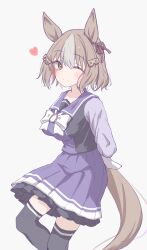 Rule 34 | 1girl, ;), animal ears, arms behind back, back bow, belno light (umamusume), black thighhighs, bow, bowtie, closed mouth, commentary, cowboy shot, ear ribbon, frilled skirt, frills, from side, grey background, hair ornament, heart, highres, horse ears, horse girl, horse tail, horseshoe ornament, letter hair ornament, long sleeves, looking at viewer, medium skirt, one eye closed, pleated skirt, purple sailor collar, purple shirt, purple skirt, sailor collar, school uniform, serafuku, shirt, short hair, simple background, skirt, smile, solo, standing, tail, thighhighs, tofu thunder, tracen school uniform, umamusume, umamusume: cinderella gray, white bow, white bowtie
