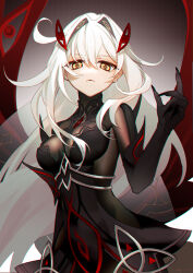 Rule 34 | 1girl, absurdres, black claws, black dress, black skin, blonde hair, chinese commentary, claws, closed mouth, colored skin, detached sleeves, dress, eye symbol, genshin impact, gradient background, grey background, hair between eyes, hair flowing over, hair intakes, hair ornament, hand up, head tilt, highres, ljayu, long hair, looking at viewer, multicolored skin, orange eyes, red wings, ronova (genshin impact), shiny clothes, side ahoge, skin tight, solo, symbol-shaped pupils, two-tone skin, upper body, wavy hair, wings