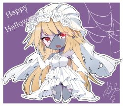 1girl blonde_hair breasts bridal_veil brooklyn_(halloween)_(kancolle) brooklyn_(kancolle) chibi colored_skin dress elbow_gloves flower gloves grey_skin halloween halloween_costume happy_halloween highres kantai_collection long_hair null_(middlenull) open_mouth patchwork_skin red_eyes rose shoes silk simple_background solo spider_web strapless strapless_dress torn_clothes twitter_username veil very_long_hair wedding_dress white_dress white_flower white_rose white_shoes zombie zombification
