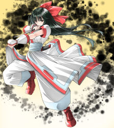 Rule 34 | 1girl, ainu clothes, arm up, black hair, breasts, brown eyes, fighting stance, fingerless gloves, gloves, hair ribbon, legs, long hair, looking at viewer, medium breasts, nakoruru, pants, ribbon, samurai spirits, serious, snk, solo, the king of fighters, thighs, weapon