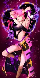 1girl absurdres arms_up black_shirt boots brown_boots collarbone division_sign eyelashes flower gem green_eyes green_lips high_heels highres jojo_no_kimyou_na_bouken light_particles looking_at_viewer midriff minus_sign navel open_mouth pearl_(gemstone) pink_hair pink_nails plus_sign purple_ribbon ribbon shirt shoes short_hair solo trish_una tulip unworn_shoes vento_aureo watawata_nr_(siroraku) white_flower white_tulip