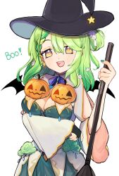 1girl :d black_hat black_wings blush braid breasts bridal_gauntlets broom brown_eyes ceres_fauna ceres_fauna_(1st_costume) cleavage commentary dress english_commentary flower green_flower green_hair green_necktie green_rose hair_between_eyes hair_flower hair_ornament hat highres holding holding_broom hololive hololive_english jack-o&#039;-lantern large_breasts long_hair long_sleeves multicolored_hair nail_polish necktie object_on_breast open_mouth rose shibedraws simple_background single_bridal_gauntlet smile solo star_(symbol) streaked_hair virtual_youtuber white_background white_dress white_flower wide_sleeves wings witch_hat