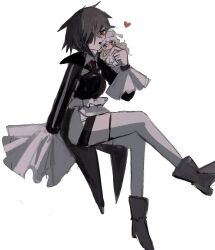 Rule 34 | 2girls, a umanee, black coat, black hair, coat, doll, eyepatch, full body, highres, long coat, looking at viewer, magical girl, mahou shoujo madoka magica, mahou shoujo oriko magica, medium hair, multiple girls, object kiss, orange eyes, sitting, white background