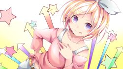 1girl :p arrow_(symbol) belt blonde_hair blue_eyes blue_shorts bra_strap brown_belt chikuwa_savy collarbone commentary_request dutch_angle hair_ribbon hand_on_own_chest hand_on_own_hip kagamine_rin long_sleeves looking_at_viewer off-shoulder_shirt off_shoulder parted_bangs pink_shirt ribbon shirt short_hair shorts smile solo star_(symbol) tied_shirt tongue tongue_out upper_body vocaloid white_ribbon