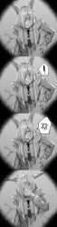 ! 1girl absurdres anger_vein animal_ear_fluff animal_ears blue_archive breasts clenched_teeth covering_own_mouth greyscale halo highres hxd kanna_(blue_archive) large_breasts long_hair long_sleeves monochrome necktie sharp_teeth shirt solo spoken_anger_vein spoken_exclamation_mark teeth through_wall