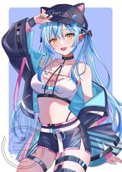 1girl :d baseball_cap belt black_choker black_jacket black_shorts blue_hair blue_jacket blue_nails breasts choker cleavage commentary_request crop_top double-parted_bangs hair_between_eyes hat highres hololive jacket long_hair looking_at_viewer midriff multicolored_hair nail_polish nametakeko navel off_shoulder official_alternate_costume official_alternate_hairstyle open_clothes open_jacket open_mouth panty_straps pointy_ears print_hat short_shorts shorts side_slit side_slit_shorts smile solo streaked_hair teeth thigh_strap twintails two-sided_fabric two-sided_jacket upper_teeth_only very_long_hair virtual_youtuber white_belt wide_sleeves yellow_eyes yukihana_lamy yukihana_lamy_(cyber)