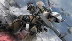 aircraft arm_cannon artist_request assault_visor beam_rifle cloud company_name copyright_notice debris dutch_angle energy_gun flying gelgoog_cannon gundam gundam_battle_operation_2 highres holding holding_weapon machinery mecha mecha_focus mobile_suit msv-r:_the_return_of_johnny_ridden no_humans official_art realistic riding robot science_fiction scope shoulder_cannon solo sunrise_(company) weapon zeon