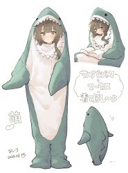 1girl alternate_costume animal_costume artist_name blue_eyes book book_on_lap brown_hair dated full_body highres long_hair marcus_(reverse:1999) mole mole_under_eye multiple_views nashiro_(v0_llp) open_book reading reverse:1999 shark_costume signature sitting standing upper_body walking white_background