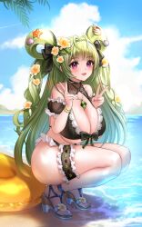 1girl antenna_hair arm_garter bare_shoulders bikini black_bikini blue_sky blunt_bangs blush breasts brown_sandals cleavage cloud contrail double_v flower frilled_bikini frilled_thigh_strap frills front-tie_bikini_top front-tie_top full_body goddess_of_victory:_nikke grey_hair hair_rings heart heart_print highres huge_breasts innertube jewelry lips long_hair mole mole_on_breast multicolored_sandals nail_polish necklace ocean open_mouth outdoors pink_nails purple_eyes sandals seashell shell sky smile soda_(nikke) solo squatting starfish striped_bikini striped_clothes summer swim_ring swimsuit thigh_strap thighs toenail_polish toenails toes toriseru_(rare_stone) twintails v vertical-striped_bikini vertical-striped_clothes very_long_hair wet white_background white_sandals yellow_flower