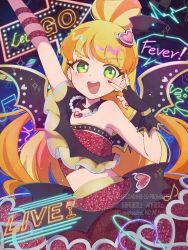 1girl :d arm_strap arm_up artist_name asymmetrical_clothes asymmetrical_shirt black_gloves blonde_hair blush commentary copyright_notice cowboy_shot cropped_shirt dot_nose english_commentary fake_wings fingerless_gloves gloves green_eyes hair_bun hair_ornament hand_up haru_(haru1bc6c4) heart heart_hair_ornament heart_necklace highres himitsu_no_aipri idol idol_clothes igarashi_julia jewelry long_hair looking_at_viewer midriff multicolored_hair musical_note nail_polish necklace neon_lights open_mouth orange_hair pearl_necklace pretty_series red_nails red_shirt red_skirt shirt single_bare_shoulder skirt sleeveless sleeveless_shirt smile solo teeth twitter_username two-tone_hair upper_teeth_only v v-shaped_eyebrows v_over_eye watermark wing_hair_ornament wings