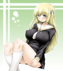 1girl aru_ra_une blonde_hair blue_eyes blush bow breasts collarbone covered_erect_nipples female_focus fingernails hair_bow highres impossible_clothes impossible_shirt large_breasts lips long_hair looking_at_viewer nipples open_mouth original puffy_nipples school_uniform serafuku shirt simple_background sitting socks solo thighs