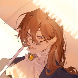 1boy absurdres androgynous brown_hair closed_mouth frilled_umbrella frills glasses hair_between_eyes high_collar highres holding holding_umbrella long_hair looking_at_viewer nakddidi original purple_eyes semi-rimless_eyewear smile solo umbrella upper_body yellow_brooch