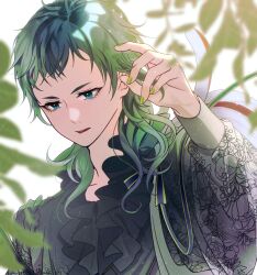 Rule 34 | 1other, alternate costume, blue eyes, gnosia, green hair, green nails, leaf, long sleeves, looking at viewer, nail polish, other focus, raqio, sakuho sakutomo, shirt, short hair, simple background, solo, upper body