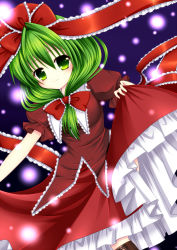 1girl absurdres asazuki_kanai blush bow clothes_lift dress female_focus frills front_ponytail green_eyes green_hair hair_bow hair_ornament hair_ribbon highres kagiyama_hina kanai_amachi long_hair matching_hair/eyes ribbon skirt skirt_lift smile solo touhou