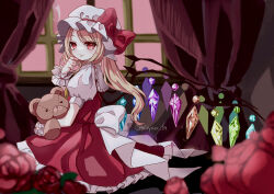 1girl ascot blonde_hair bow crystal crystal_wings curtains dress flandre_scarlet flower frills hat hat_ribbon highres holding holding_stuffed_toy indoors looking_at_viewer miyangoroge mob_cap one_side_up puffy_short_sleeves puffy_sleeves red_eyes red_skirt ribbon shirt short_sleeves side_ponytail sitting skirt smile solo stuffed_animal stuffed_toy teddy_bear touhou window wings yellow_ascot