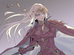 1girl armor artist_name axe blood blood_on_face breasts byuub cape cleavage closed_mouth edelgard_von_hresvelg edelgard_von_hresvelg_(timeskip) fake_horns fire_emblem fire_emblem:_three_houses gauntlets grey_background hair_ornament holding holding_axe holding_weapon horns injury long_hair nintendo purple_eyes red_armor red_cape simple_background solo two-tone_cape weapon white_cape