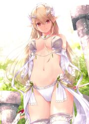 1girl armor blonde_hair bow breasts earrings elf female_focus jewelry large_breasts long_hair looking_at_viewer medium_breasts nipples outdoors pointy_ears red_eyes solo standing upper_body warrior weapon
