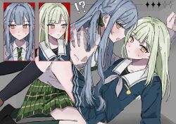 !? 2girls absurdres bang_dream! bang_dream!_it&#039;s_mygo!!!!! between_legs black_ribbon blue_hair blue_shirt blue_skirt blush closed_mouth collared_shirt commentary_request green_hair green_skirt grey_background grey_jacket hair_ornament hair_ribbon hairclip hanasakigawa_school_uniform haneoka_school_uniform highres inot17 jacket long_hair multiple_girls open_mouth plaid_clothes plaid_skirt pleated_skirt ribbon sailor_collar school_uniform shirt skirt stuck_in_a_box sweat togawa_sakiko two_side_up wakaba_mutsumi white_sailor_collar white_shirt yellow_eyes yuri
