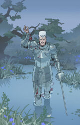 1boy armor blood_on_armor crying crying_with_eyes_open faulds flower gauntlets highres holding holding_limb holding_sword holding_weapon jean_pierre_polnareff jojo_no_kimyou_na_bouken lake moonnacorn pauldrons plate_armour rapier severed_hand shoulder_armor sword tears tree wading weapon white_hair