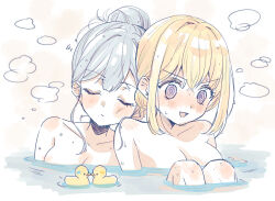 2girls @_@ bang_dream! bang_dream!_it&#039;s_mygo!!!!! blonde_hair blue_hair blush breasts ccc_cloudy cleavage closed_eyes closed_mouth commentary_request hair_bun hair_up head_on_another&#039;s_shoulder highres large_breasts medium_hair misumi_uika multiple_girls open_mouth partially_submerged purple_eyes rubber_duck same-sex_bathing shared_bathing togawa_sakiko water wet white_background yuri