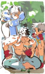 1boy 2girls bent_over blue_sailor_collar book boxing_gloves bun_cover capcom china_dress chinese_clothes chun-li crossed_legs curious double_bun dougi dress fingerless_gloves floral_background frustrated gloves hair_bun headband highres holding holding_book karate_gi kasugano_sakura linesharkart martial_arts_belt multiple_girls muscular muscular_male on_floor open_book pelvic_curtain procreate_(medium) reading ryu_(street_fighter) sailor_collar sailor_crest school_uniform serafuku sitting squiggle street_fighter sweatdrop topless_male unitard