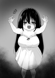 1girl :d absurdres arms_up aura bare_arms blush breasts claw_pose collarbone commentary_request dark_aura dress dress_ribbon fang feet_out_of_frame ghost greyscale hair_between_eyes highres large_breasts loli_bakunyuu_yuurei_(yomu_yoguruto) long_hair looking_at_viewer monochrome open_mouth oppai_loli original skin_fang sleeveless sleeveless_dress smile solo v-shaped_eyebrows yomu_yoguruto