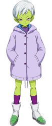 1girl cheelai coat colored_skin dragon_ball dragon_ball_super green_skin looking_at_viewer official_art purple_eyes smile white_hair