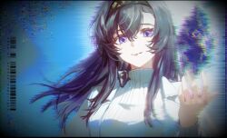1girl arcticwhereami arknights barcode black_hair black_hairband chromatic_aberration closed_mouth commentary english_commentary glitch hair_between_eyes hairband hand_up long_hair long_sleeves looking_at_viewer magic priestess_(arknights) purple_eyes smile solo sweater turtleneck turtleneck_sweater upper_body vhs_artifacts white_sweater