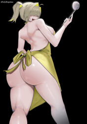 1girl absurdres apron artist_name ass bare_back black_background blonde_hair breasts cowboy_shot elegg_(nikke) from_behind goddess_of_victory:_nikke hair_intakes hair_over_eyes highres holding holding_ladle huge_ass ladle large_breasts multicolored_hair naked_apron open_mouth parkhopless ponytail shiny_skin sideboob simple_background smile solo standing two-tone_hair