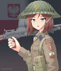 Rule 34 | 1girl, absurdres, ammunition pouch, aqua eyes, artist name, belt, bren lmg, brodie helmet, brown hair, collar tabs, combat helmet, commentary, flag background, green belt, green jacket, gun, helmet, highres, holding, holding gun, holding weapon, jacket, leochan1202, light machine gun, long sleeves, looking at viewer, machine gun, military, military uniform, open mouth, original, patch, poland, polish army, polish flag, pouch, short hair, shoulder patch, solo, upper body, weapon, world war ii