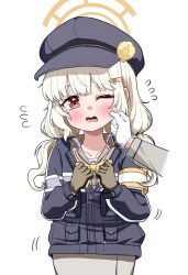 1girl absurdres aoba_(blue_archive) armband black_hat black_jacket blonde_hair blue_archive blush bow bowtie brown_gloves brown_shirt cheek_pull days_(user_zehd4554) disembodied_hand flying_sweatdrops gloves halo hat highres jacket long_hair long_sleeves looking_at_viewer one_eye_closed open_mouth orange_halo red_eyes shirt simple_background solo_focus white_background white_gloves yellow_armband yellow_bow yellow_bowtie