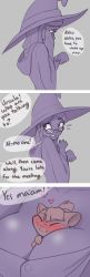 10s 2girls 3koma absurdres animal_between_breasts between_breasts blush bow breasts cat cleavage close-up comic english_text flying_sweatdrops glasses grey_background hat highres hood hood_down kagari_atsuko large_bow limited_palette little_witch_academia long_hair mouse_(animal) multiple_girls pudgeruffian sweat ursula_callistis witch witch_hat yuri
