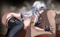 1boy 1girl anilingus armlet bare_shoulders black_gloves black_thighhighs blush breasts censored commentary_request fingerless_gloves gloves handjob hella_p hetero huge_breasts jewelry korean_commentary long_hair mosaic_censoring open_mouth paid_reward_available penis sweat testicles thighhighs tongue tongue_out white_hair yixuan_(zenless_zone_zero) zenless_zone_zero