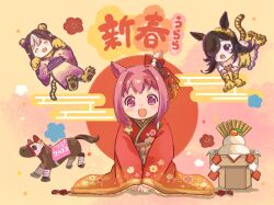 2022 3girls :d ^_^ animal animal_ears animal_print black_hair blush brown_hair chinese_zodiac closed_eyes commentary_request egasumi elbow_gloves flower-shaped_pupils fur-trimmed_gloves fur_trim gloves grey_hair hair_over_one_eye hakama hakama_skirt haru_urara_(first_urara_saku_sakura)_(umamusume) haru_urara_(racehorse) haru_urara_(umamusume) highres horse horse_ears japanese_clothes kagami_mochi kimono long_sleeves moko39_takasora multicolored_hair multiple_girls new_year obi open_mouth pink_hair print_gloves purple_eyes purple_kimono rice_shower_(umamusume) sash seiza sitting skirt smile special_week_(umamusume) striped_tail symbol-shaped_pupils tail tiger_print tiger_tail translation_request two-tone_hair umamusume white_hakama wide_sleeves year_of_the_tiger yellow_gloves