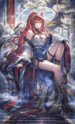 1girl animal_ear_fluff animal_ears arknights bare_shoulders black_shoes black_socks blue_skirt closed_mouth crossed_bangs hair_between_eyes hair_ornament helen_zzhao high_heels highres jacket long_hair looking_at_viewer narantuya_(arknights) off_shoulder ponytail red_eyes red_hair shirt shoes sidelocks sitting skirt sleeveless sleeveless_shirt smile socks solo thigh_strap white_jacket white_shirt