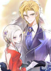 alternate_costume back_cutout blonde_hair blue_eyes blue_gloves blue_jacket blue_suit blurry blurry_background closed_mouth clothing_cutout collared_shirt commentary_request dimitri_alexandre_blaiddyd dress earrings edelgard_von_hresvelg fire_emblem fire_emblem:_three_houses fire_emblem_warriors:_three_hopes formal_clothes frilled_sleeves frills from_side fur_trim gloves hair_between_eyes hair_ornament hair_over_shoulder hair_slicked_back hand_on_another&#039;s_chest head_tilt highres holding_hands ikaikakka indoors jacket jewelry light_particles light_smile long_hair long_sleeves looking_at_viewer looking_to_the_side low_ponytail necklace nintendo parted_bangs parted_lips pendant pink_lips ponytail purple_eyes red_dress shade shirt short_hair smirk standing suit suit_jacket upper_body white_fur white_gloves white_hair white_shirt