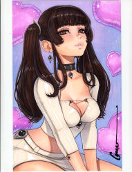 1girl belt black_eyeliner black_hair breasts brown_eyes choker cleavage earrings eyeliner jewelry lips long_hair looking_at_viewer makeup mascara medium_breasts nose omar_dogan open_mouth original pink_lips shirt sidelocks signature skirt smile solo thick_lips twintails white_shirt white_skirt