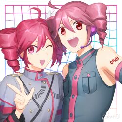 2girls ahoge arm_tattoo black_shirt buttons detached_sleeves drill_hair grey_jacket grid_background hair_between_eyes headphones highres jacket kasane_teto kasane_teto_(sv) looking_at_viewer mashiro_(sora1031) multiple_girls number_tattoo one_eye_closed open_mouth pocket red_eyes red_hair red_trim shirt signature smile synthesizer_v tattoo teeth twin_drills upper_body upper_teeth_only utau v