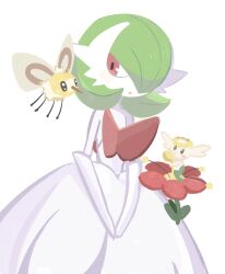 animal_focus bob_cut colored_skin cutiefly dress floette floette_(red_flower) flower gardevoir gen_3_pokemon gen_6_pokemon gen_7_pokemon hair_over_one_eye han0579 highres looking_at_viewer mega_gardevoir mega_pokemon nintendo no_humans pokemon pokemon_(creature) pokemon_focus simple_background white_background white_skin
